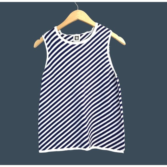 ANNE KLEIN- WOMEN'S WHITE/BLUE STRIPPED PULL OVER CREW NECK TOP SIZE SMALL- NWT - Picture 1 of 6